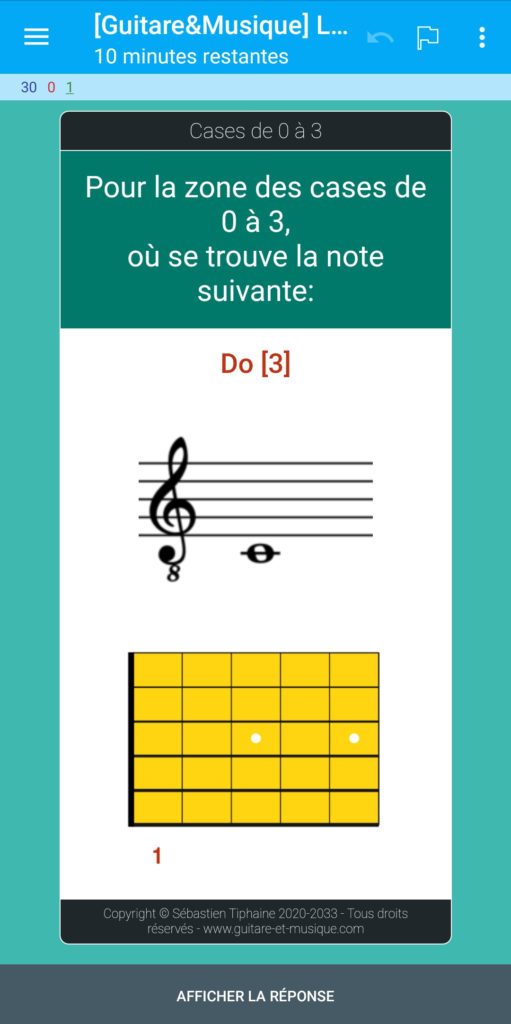 Apprendre les notes sur le manche de la guitare.
Flashcard standard verso.