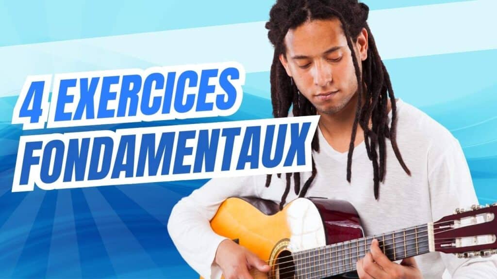 Les 4 exercices fondamentaux à la guitare 9 Guitariste en pleine pratique, jouant de la guitare avec concentration. Illustration des exercices fondamentaux pour progresser efficacement à la guitare.