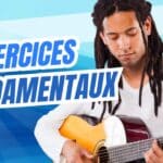 Les 4 exercices fondamentaux à la guitare 20 Guitariste en pleine pratique, jouant de la guitare avec concentration. Illustration des exercices fondamentaux pour progresser efficacement à la guitare.